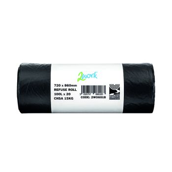 2Work Refuse Sack 100 Litre 20 Bags per Roll (Pack of 10) Black BR100