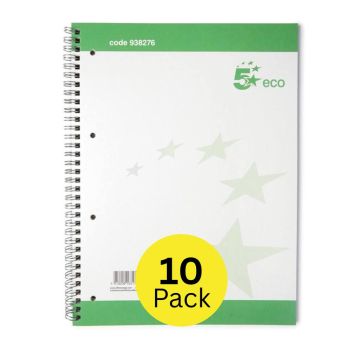 5 Star Spiral Pad Ruled Recycled Margin Perforated 4 Holes 100pp A4+ Green/White (Pack of 10)