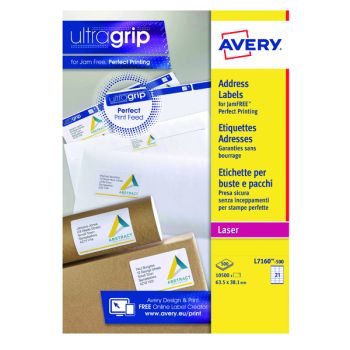 Avery Ultragrip Laser Labels 63.5x38.1mm Wht (Pack of 10500) L7160-500