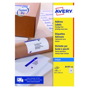 Avery Inkj Label 63.5x38.1mm 21 Per Sheet Wht (Pack of 2100) J8160-100