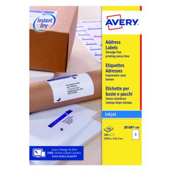 Avery Inkj Label 199.6x143.5mm 2 Per Sheet Wht (Pack of 200) J8168-100