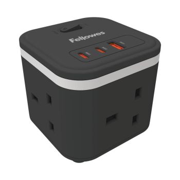 Fellowes Power Cube Type G UK/IE 3 Sockets 1 USB-A + 2 USB-C Ports Black 100136979