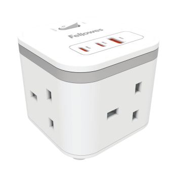 Fellowes Power Cube Type G UK/IE 3 Sockets 1 USB-A + 2 USB-C Ports White 100137166