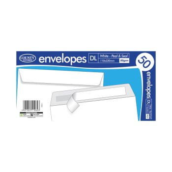 County Stationery DL Peel and Seal Envelopes x50 White (Pack of 20) C504