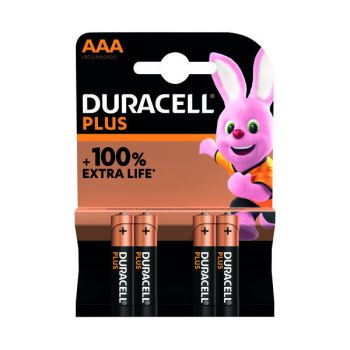 Duracell Plus AAA Battery Alkaline 100% Extra Life (Pack of 4) 5009378