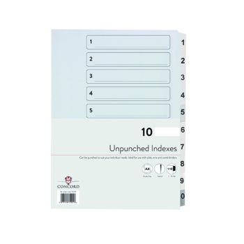 Concord Unpunched Index 1-10 A4 160gsm White (Pack of 10) 75201