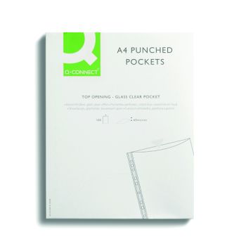 Q-Connect Delux Punched Pocket Top Opening Green Strip A4 Clear (Pack of 100) KF01121
