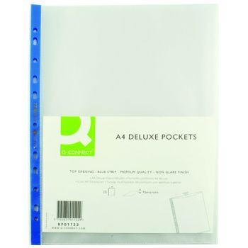 Q-Connect Delux Punched Pocket Top Opening Blue Strip A4 Clear (Pack of 25) KF01122