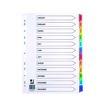 Q-Connect Multi-Punched January-December Reinforced Multi-Colour A4 Index Pre-Printed Tabs KF01524