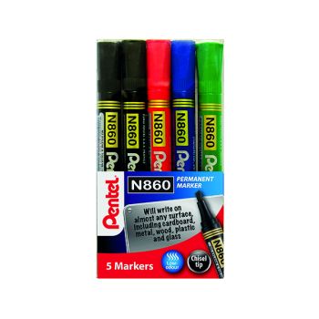 Pentel Chisel Tip Permanent Marker Assorted (Pack of 5) YN860/5-M