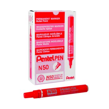 Pentel N50 Permanent Bullet Marker Broad Red (Pack of 12) N50-B
