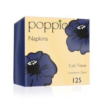 Poppies 2-Ply Tissue Napkins Luncheon 4 Fold Navy Blue 33cm (Pack of 125) 3324NB