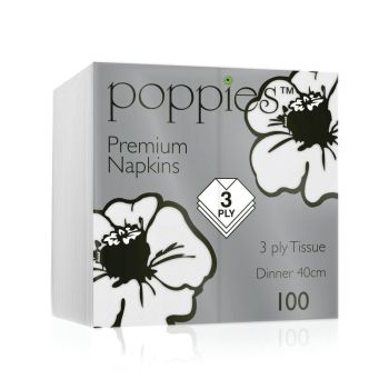 Poppies 3-Ply Napkins 8 Fold 40cm White (Pack of 1000) 4038WH/CASE