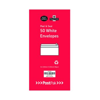 Postpak DL Peel and Seal White 80gsm 10 Packs of 50 Envelopes 9730878