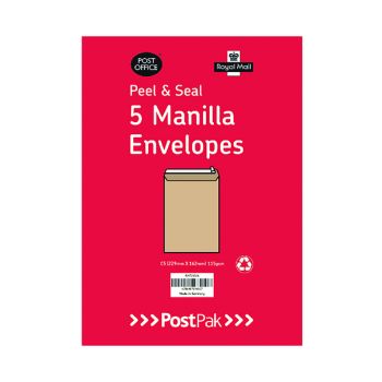 Postpak C4 Peel and Seal Manilla 115gsm 5 Packs of 20 Envelopes 9731119
