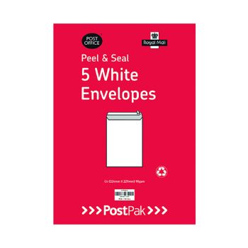 Postpak C4 Peel and Seal White 90gsm 5 Packs of 40 Envelopes 9731232