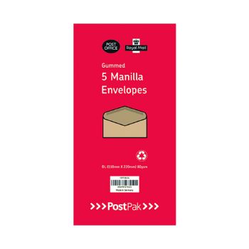 Postpak DL Gummed Manilla 70gsm 5 Packs of 20 Envelopes 9731634