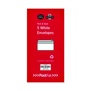 Postpak DL Peel and Seal White 80gsm 5 Packs of 50 Envelopes 9731926