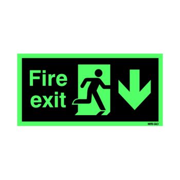 Safety Sign Niteglo Fire Exit Running Man Arrow Down 150x450mm Self-Adhesive NG28A/S