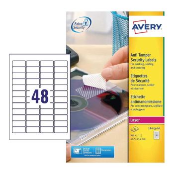 Avery Anti‐Tamper Security Labels - 20 Sheets (48 Labels Per Sheet) L6113-20