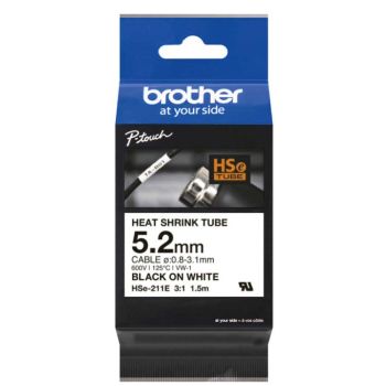 Brother HSe211E 5.2mm x 1.5m Black on White Heat Shrink Tubing Tape