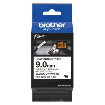 Brother HSe221E 9mm x 1.5m Black on White Heat Shrink Tubing Tape