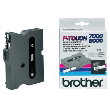 Brother TX211 6mm x 15m Black on White Gloss Tape