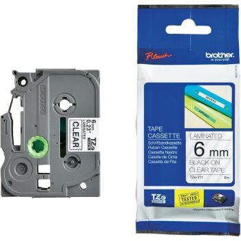 Brother TZe111 6mm Gloss Black On Clear Tape TZ111