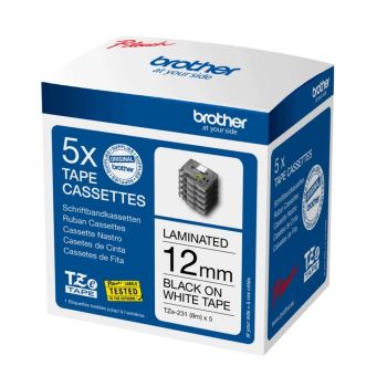 Brother Black On White Label Tape 12mm x 8m (Pack x 5) TZE231M5