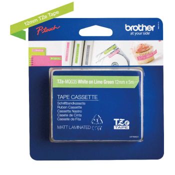 Brother TZeMQG35 12mm Matt White on Lime Green Tape TZMQG35