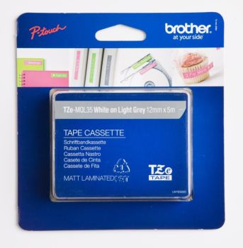 Brother TZeMQL35 12mm Matt White on Light Grey Tape TZMQL35