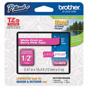 Brother TZeMQP35 12mm Matt White on Berry Pink Tape TZMQP35