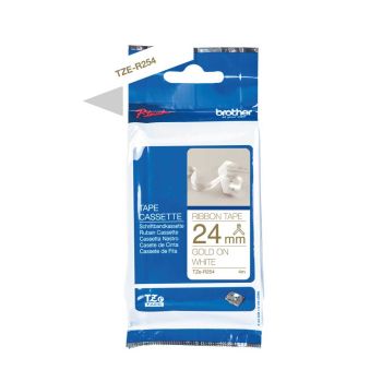 Brother TZeR254 24mm x 4m Gold on White Non-Adhesive Ribbon Tape TZeR254