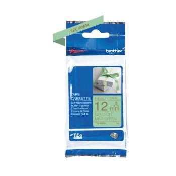 Brother TZeRM34 12mm x 4m Gold on Mint Green Non-Adhesive Ribbon Tape TZeRM34
