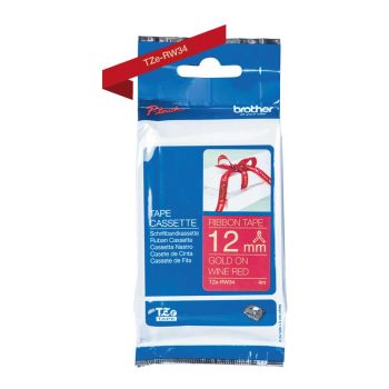 Brother TZeRW34 12mm x 4m Gold on Wine Red Non-Adhesive Ribbon Tape TZeRW34