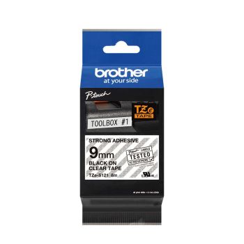Brother TZeS121 9mm Black On Clear STRONG Adhesive Tape TZS121