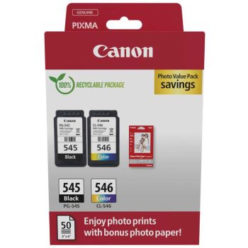Canon PG-545 Black & CL-546 Colour Ink Cartridge + Photo Paper Value Pack - 8287B008