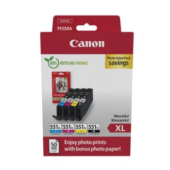 Canon CLI-551XL High Yield CMYK Photo Paper Value Pack 6443B008