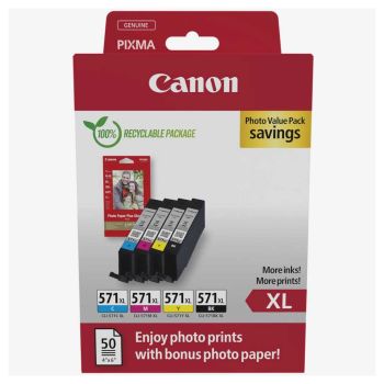 Canon CLI-571XL High Yield CMYK Ink Cartridge + Photo Paper Value Pack 0332C006
