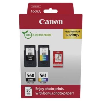 Canon PG-560 Black & CL-561 Colour Ink Cartridge + Photo Paper Value Pack 3713C008