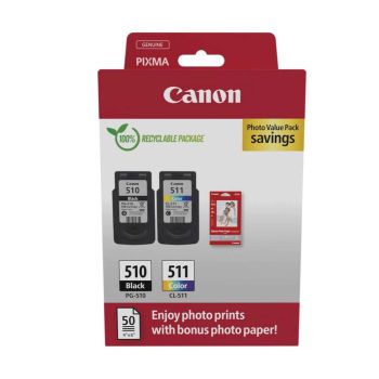 Canon PG-510 Black & CL-511 Colour Ink Cartridge + Photo Paper Value Pack 2970B017