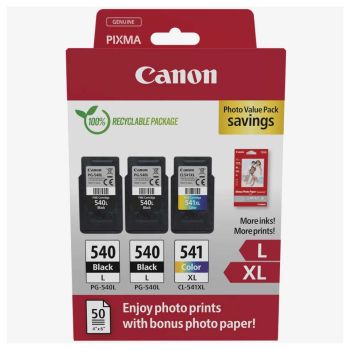 Canon PG-540L Black x2 & CL-541XL Colour High Yield Ink Cartridge + Photo Paper Value Pack 5224B015
