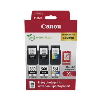 Canon PG-560XL Black x2 & CL-561XL Colour High Yield Ink Cartridges + Photo Paper Value Pack 3712C012