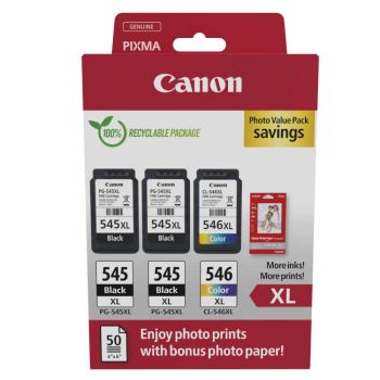 Canon PG-545XL Black x2 & CL-546XL Colour High Yield Ink Cartridges + Photo Paper Value Pack - 8286B015