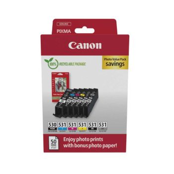Canon PGI-530 / CLI-531 Multipack - 6 Ink Cartridges & Photo Paper Value Pack 6117C004
