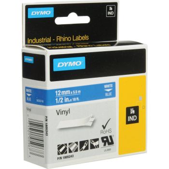 DYMO Rhino 1805243 - 12mm x 5.5m - White on Blue Vinyl Tape