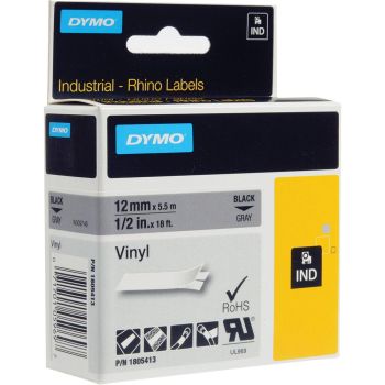 DYMO Rhino 1805413 - 12mm x 5.5m - Black on Grey Vinyl Tape