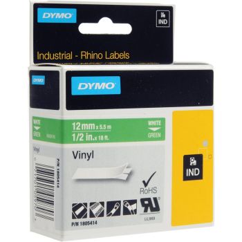 DYMO Rhino 1805414 - 12mm x 5.5m - White on Green Vinyl Tape