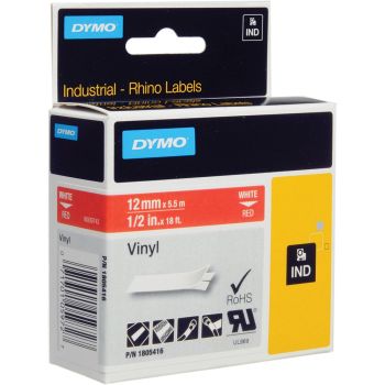 DYMO Rhino 1805416 - 12mm x 5.5m - White on Red Vinyl Tape