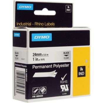 DYMO Rhino 1805433 - 24mm x 5.5m - Black on Clear Permanent Polyester Tape
